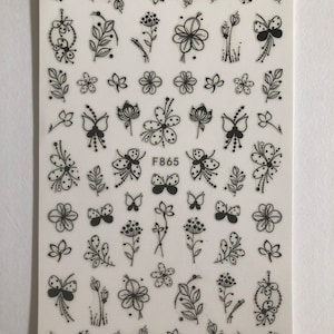Flowers sticker sheet, small nail art stickers, black and white. Floral patterns.