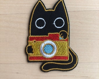 Black cat with camera patch, cat patch, camera patch iron on sew on cotton embroidery patch