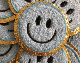 Blue Smiley face patch :) iron on/ sew on cotton embroidery patch Cute blue smile face patch