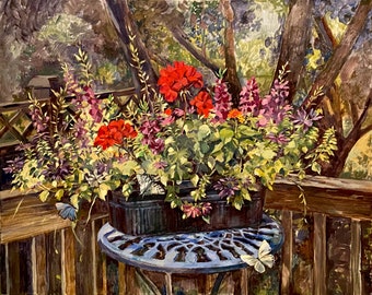 Garden flowers on a summer day, flowers with butterflies, geranium in a pot, sunny garden, oil painting