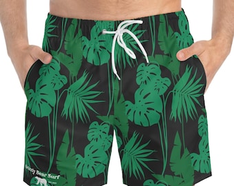 Green Hawaiian Floral Print Men's Board Shorts by Grizzly Bear Surf