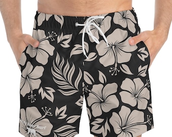 Black Hawaiian Floral Print Men's Board Shorts by Grizzly Bear Surf