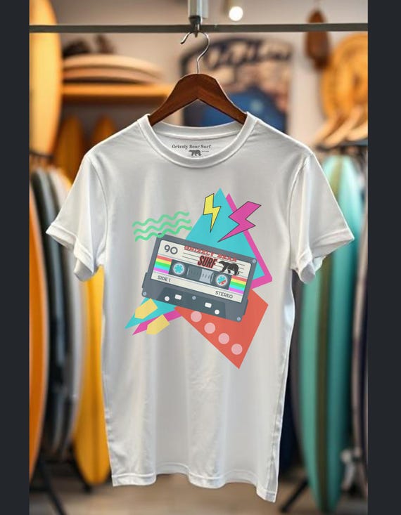 Retro Tee, 80s Music Shirt, Vintage Surfing Tshirt, Cassette Tape Tee, Summer Vibes Top, 1980s Vibrant Colors Tee