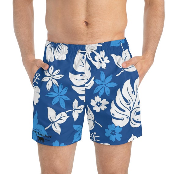 Blue Hawaiian Floral Print Men's Board Shorts by Grizzly Bear Surf