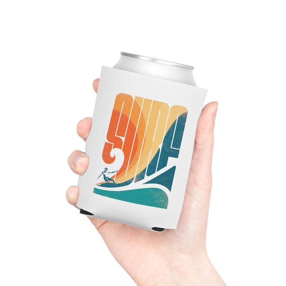 Grizzly Bear Surf Can Cooler - Retro SURF Design - Stubby Holder for Keeping Drinks Cool, Summer Beach Gift, Beverage Insulator, Beer