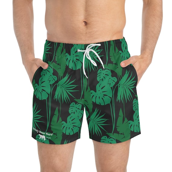 Green Hawaiian Floral Print Men's Board Shorts by Grizzly Bear Surf