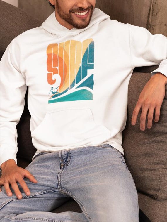 Grizzly Bear Surf Retro Unisex Hoodie - All Season Comfort, Post Surf Comfy Session, Surf Hoodie, Bear Surf Design Sweatshirt, Retro