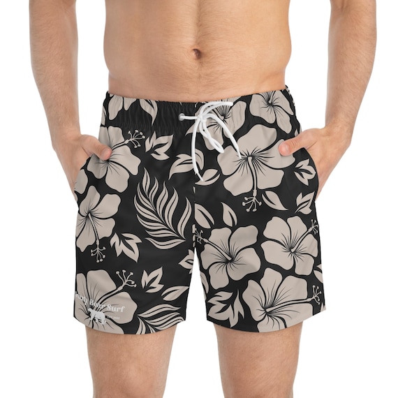 Black Hawaiian Floral Print Men's Board Shorts by Grizzly Bear Surf