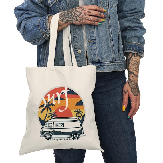 Surfing Van Life Sunset waves design Tote | orange sunset surf illustration