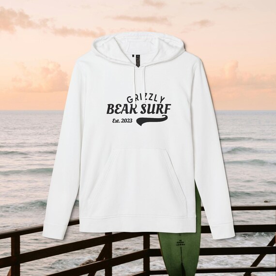 Grizzly Bear Surf College Fleece Hoodie, Sustainable Surf Culture Gift, Unisex Cotton Polyester Sweatshirt, Eco-friendly Ocean Lover