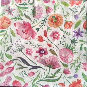 May include: A white background with a floral pattern featuring pink, red, orange, purple, and green flowers. The flowers are painted in a watercolour style.