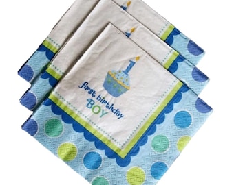 Eco First Birthday Boy Napkins: Blue Cupcake Design, Set of 16