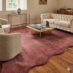 May include: A living room with a plush, rose-colored rug, a cream-colored sofa, and two matching armchairs. A marble-topped coffee table sits in the center, and a painting hangs on the wall. A brass chandelier hangs from the ceiling.