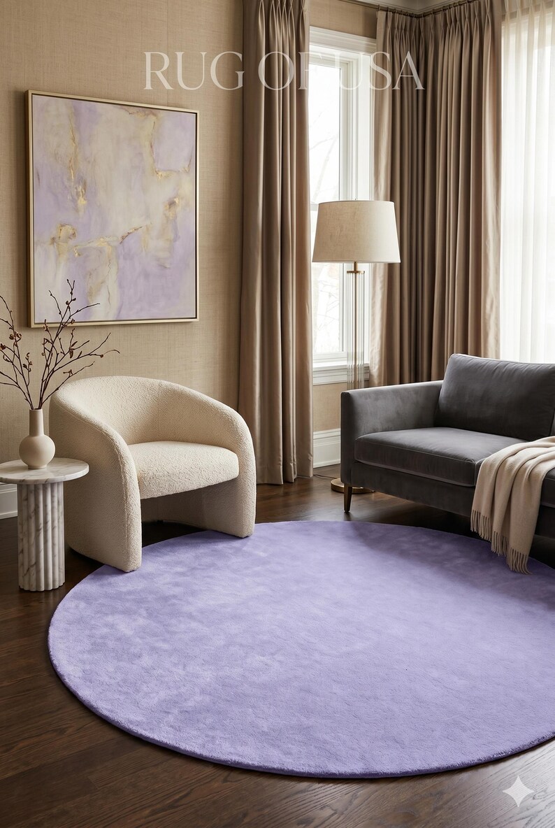 Solid Periwinkle New Zealand Wool Round Rug Premium Handloom Dense ...