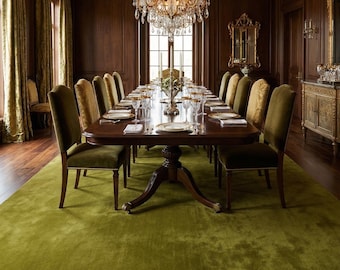 May include: A formal dining room with dark wood paneling, a long wooden table set for a meal, and velvet chairs. A large chandelier hangs above the table, and a green rug covers the floor.