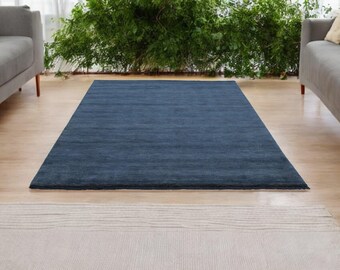 Handwoven Navy Blue Wool Area Rug with Tassel Fringes Solid Deep Indigo Carpet for Modern Living Room Bedroom Handloom Nursery Home decor
