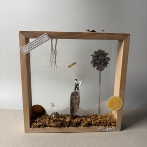 Könnte beinhalten: Ein Holzrahmen mit einem skurrilen Diorama. Im Inneren steht eine Miniaturfigur auf einem Felsen, einer Palme und einer getrockneten Orangenscheibe. Der Text "12 Light Biscuits for Nibbling" ist sichtbar.