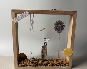 Handmade Assemblage Shadow Box Art, Whimsical Nature Diorama, Mixed Media Found Object Wall Art