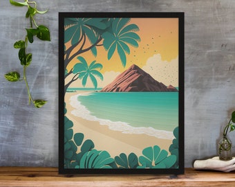 Vintage Island Print | Dekoracja domu na plaży | Plakat | Sztuka | Hawaje | Oahu | Natura | Plaża | Tropikalna rustykalna sztuka ścienna