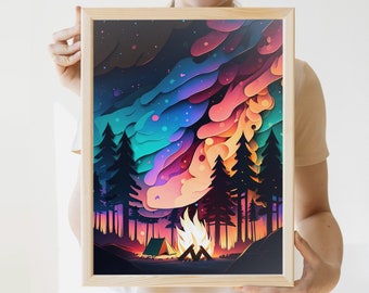 Campfire & Northern Lights Print | Lake House Decor | Nature Art | Minnesota | Poster | Cabin Decor Prints | Lake | Camping