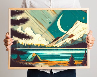 Lake Tahoe Moon | Minimalist Mountain Panorama, Calm Lake Landscape, Blue & Green Earth Tones, Modern Tree Nature Wall Art