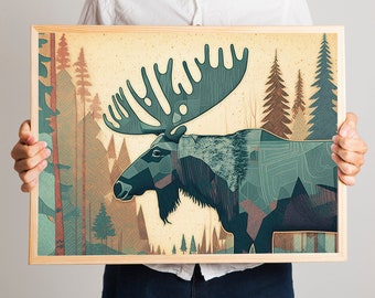 Vintage Moose Print | Rustic Wall Art | Natural Cabin Decor | Lake House Decor | Minnesota Gift | Beige Art | Nature Art | Cabin Art