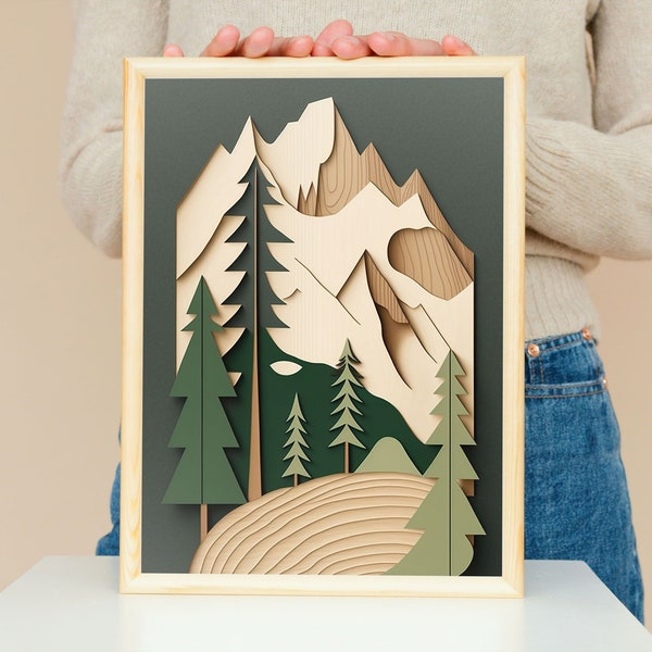 Impression montagne façon bois | Art mural rustique | Décoration Lake House | Art naturel | Décoration de cabane naturelle | Créations beiges | Oeuvres d'art pour cabane