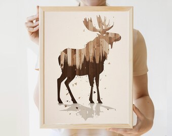 Falling Snow & Moose Art Print | Rustic Wall Art | Lake House Decor | Minnesota Gift | Vintage Cabin Art | Wood Art | Moose | Cabin Decor