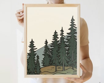 Vintage Pine Tree Print | Blue & Green Earth Tones | Lake House | Modern Nature Wall Art | Minimalist Lake | Minimalist Forest Art