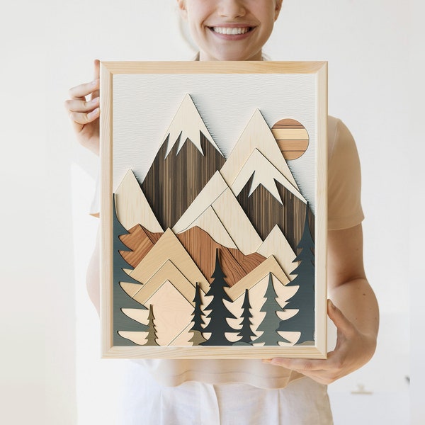 Impression de scène de montagne de style bois | Paysage de montagne | Art mural forêt | Effet superposé| Maison au bord du lac moderne | Grands espaces | Décoration murale montagne