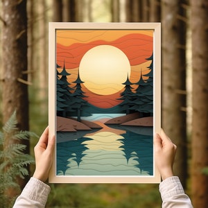 Vintage Minnesota Lakeshore, Lake Superior Art, Minnesota Art, Minnesota Print, Lake Superior, Duluth MN, Sunset Print, Pine Tree Print