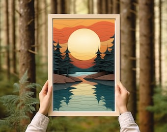 Vintage Minnesota Lakeshore, Lake Superior Art, Minnesota Art, Minnesota Print, Lake Superior, Duluth MN, Sunset Print, Pine Tree Print