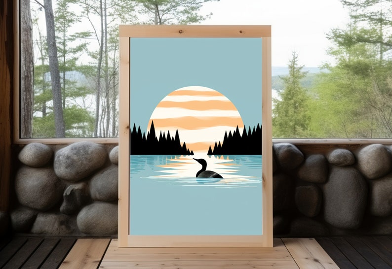 Calming Vintage Loon Art Print Minimalistic Nature Art Calming Blue Lake Art Cabin Art Relaxing Art Art by Minnesota Artist image 6