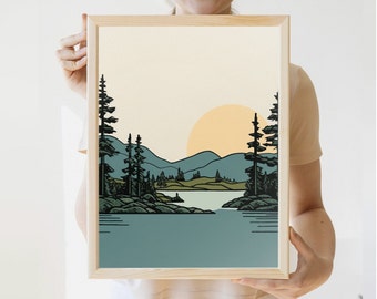 Calm Lake Print | Blue & Green Earth Tones | Lake House | Modern Tree Nature Wall Art | Minimalist Lake | Up North Painting