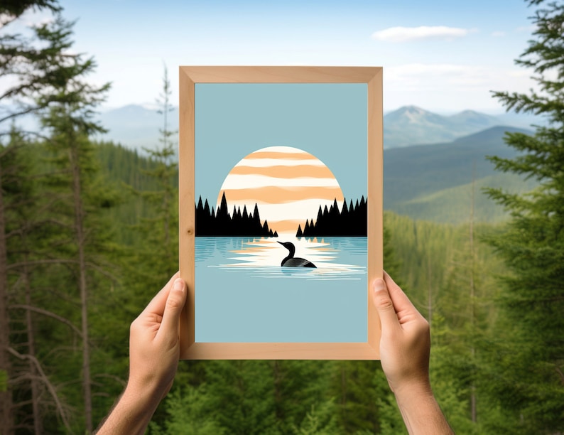 Calming Vintage Loon Art Print Minimalistic Nature Art Calming Blue Lake Art Cabin Art Relaxing Art Art by Minnesota Artist image 10