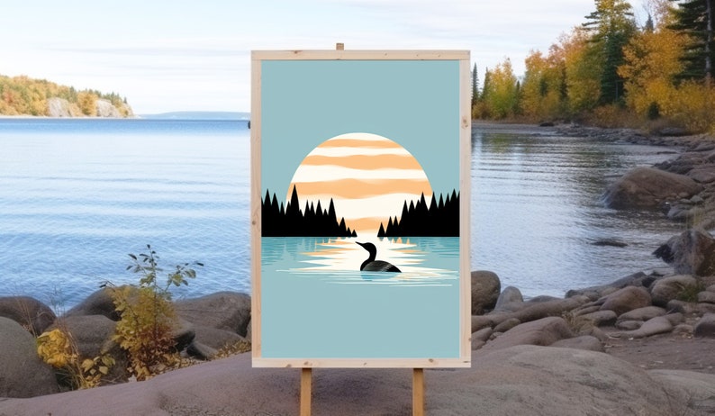 Calming Vintage Loon Art Print Minimalistic Nature Art Calming Blue Lake Art Cabin Art Relaxing Art Art by Minnesota Artist image 2