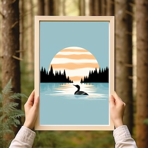 Calming Vintage Loon Art Print | Minimalistic Nature Art | Calming Blue Lake Art | Cabin Art | Relaxing Art | Art by Minnesota Artist