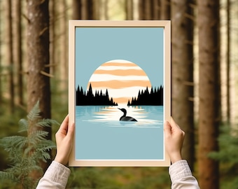 Puede incluir: Una impresión enmarcada de una ilustración minimalista de un colimbo nadando en un lago con una puesta de sol detrás. El lago es azul y la puesta de sol es naranja y amarilla. El colimbo es negro y blanco.