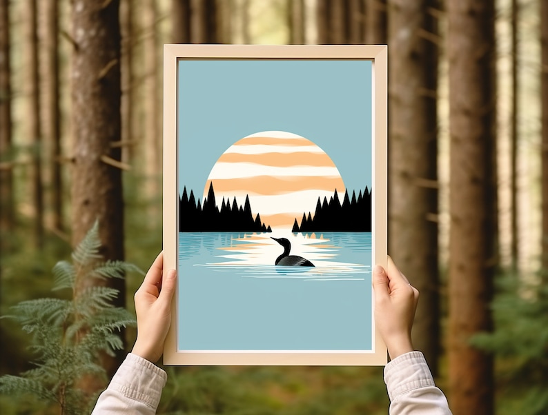 Calming Vintage Loon Art Print Minimalistic Nature Art Calming Blue Lake Art Cabin Art Relaxing Art Art by Minnesota Artist image 1