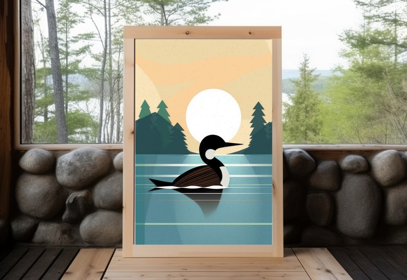 Minimalistic Loon Art Print | Cabin Art | Lake House Decor | Vintage ...