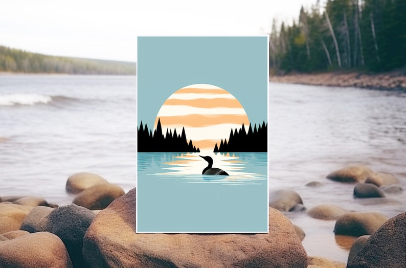 Calming Vintage Loon Art Print Minimalistic Nature Art Calming Blue Lake Art Cabin Art Relaxing Art Art by Minnesota Artist image 5