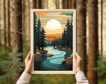 Vintage Pine Tree Sunset Art Print, Outdoor Poster, Rustic Cabin Decor, Gift for Hikers, Minnesota Poster, Great Lakes, Lake Superior