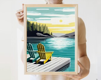 Adirondacks Vintage Print | Adirondack Chairs Art Modern Lake House Prints Rustic Great Outdoors Sign Vintage State Poster Minnesota Poster