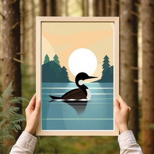 Minimalistic Loon Art Print | Cabin Art | Lake House Decor | Vintage Loon Print Loon Painting | Minnesota Art | Great Lakes Inspired