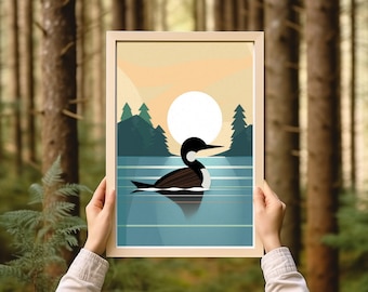 Minimalistic Loon Art Print | Cabin Art | Lake House Decor | Vintage Loon Print Loon Painting | Minnesota Art | Great Lakes Inspired