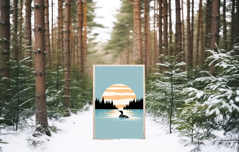 Calming Vintage Loon Art Print Minimalistic Nature Art Calming Blue Lake Art Cabin Art Relaxing Art Art by Minnesota Artist image 9