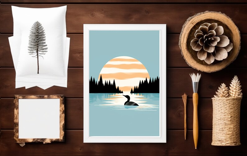 Calming Vintage Loon Art Print Minimalistic Nature Art Calming Blue Lake Art Cabin Art Relaxing Art Art by Minnesota Artist image 7