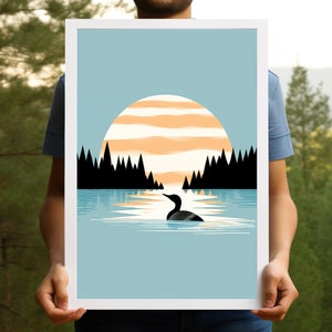 Calming Vintage Loon Art Print Minimalistic Nature Art Calming Blue Lake Art Cabin Art Relaxing Art Art by Minnesota Artist image 3