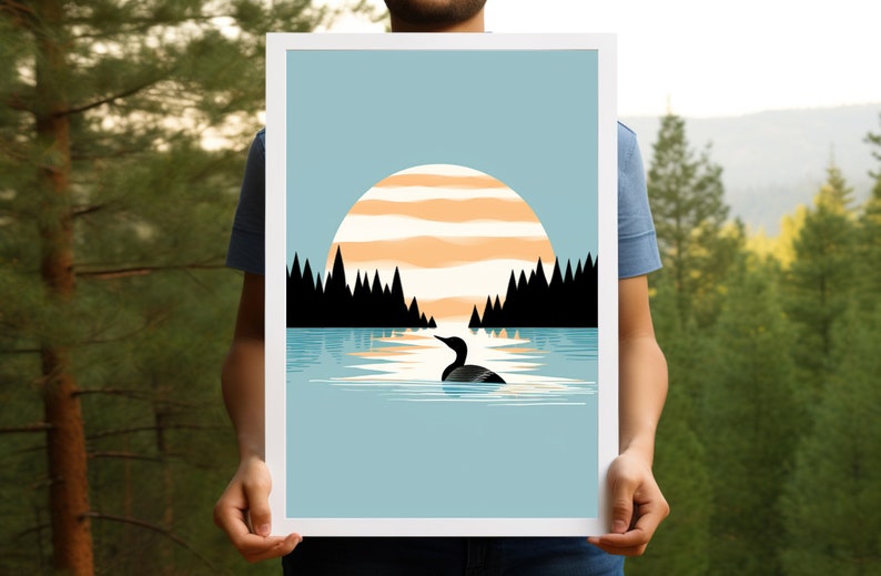 Calming Vintage Loon Art Print Minimalistic Nature Art Calming Blue Lake Art Cabin Art Relaxing Art Art by Minnesota Artist image 3