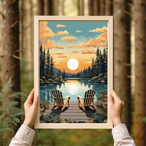 Vintage Adirondack Chairs at Lake Sunset, High-Quality Art Print, Rustic Cabin Decor, Minnesota Poster, Lake House Wall Art, Vintage Print